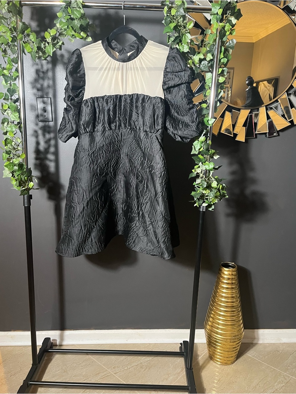 Women’s Black and Nude Yoke Statement Sleeve Formal Dress